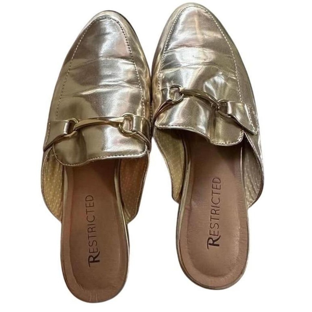 Womens Gold Horsebit Mule Loafers Pointed Toe Slip On Flats size 6 office chic